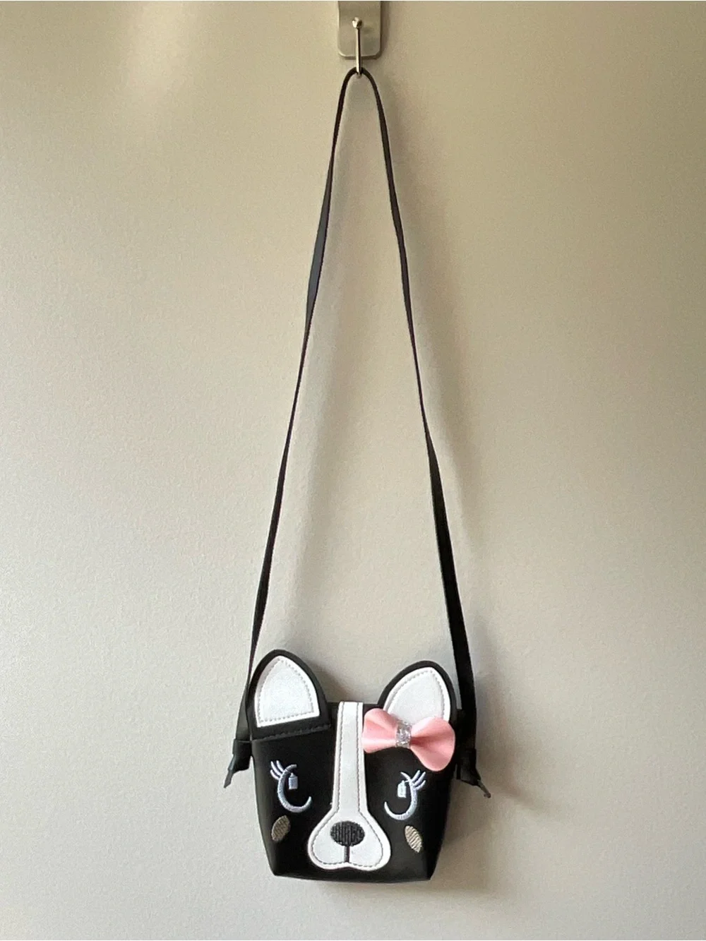 Kids Black Dog Face Crossbody Bag with Pink Bow